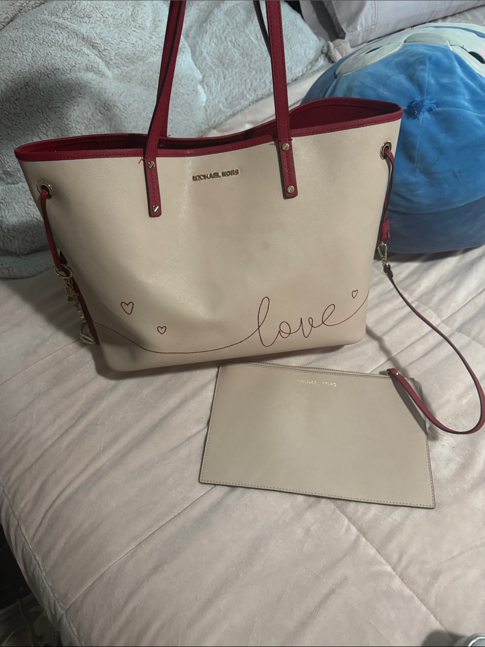 Michael Kors Cream Tote with Red Trim and 'Love' Script
